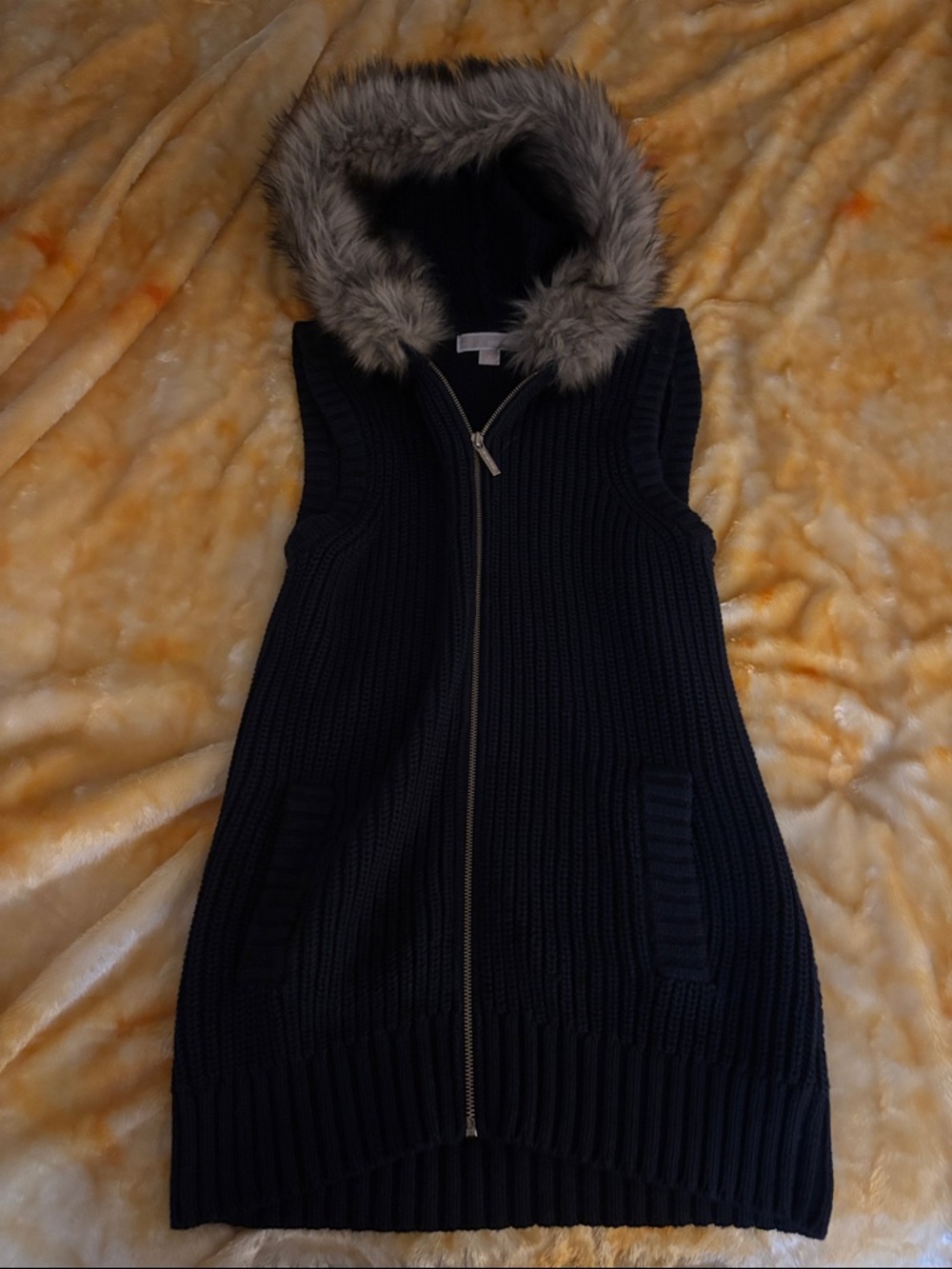 Michael Kors Knit Hooded Vest with Faux Fur Trim - Navy Blue - Picture 4 of 4